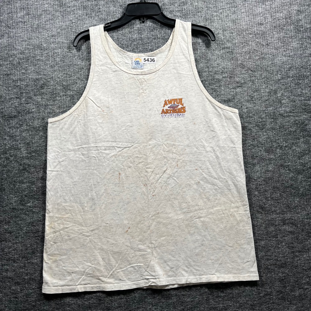 Vintage 90s Cal Cru Awful Arthurs Oyster Bar Tank Top Grey Mens Large NC USA